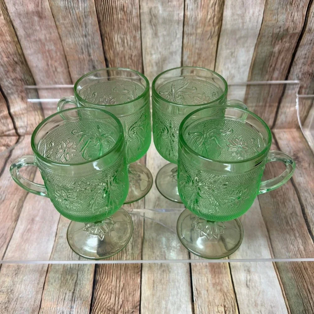 Vintage Indiana Glass Pedestal Glasses with Handles, Chantilly, Sandwich Glasses